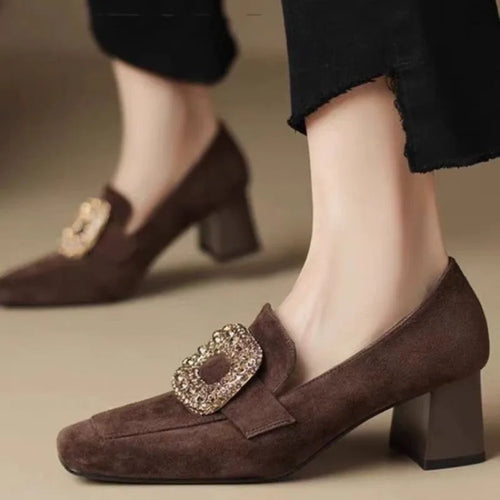 Autumn Winter New Women Loafers Low Heels Boat Shoes Square Toe Dress Shoes Chain Faux Suede Plush Warm Ladies Shoes Plus Size