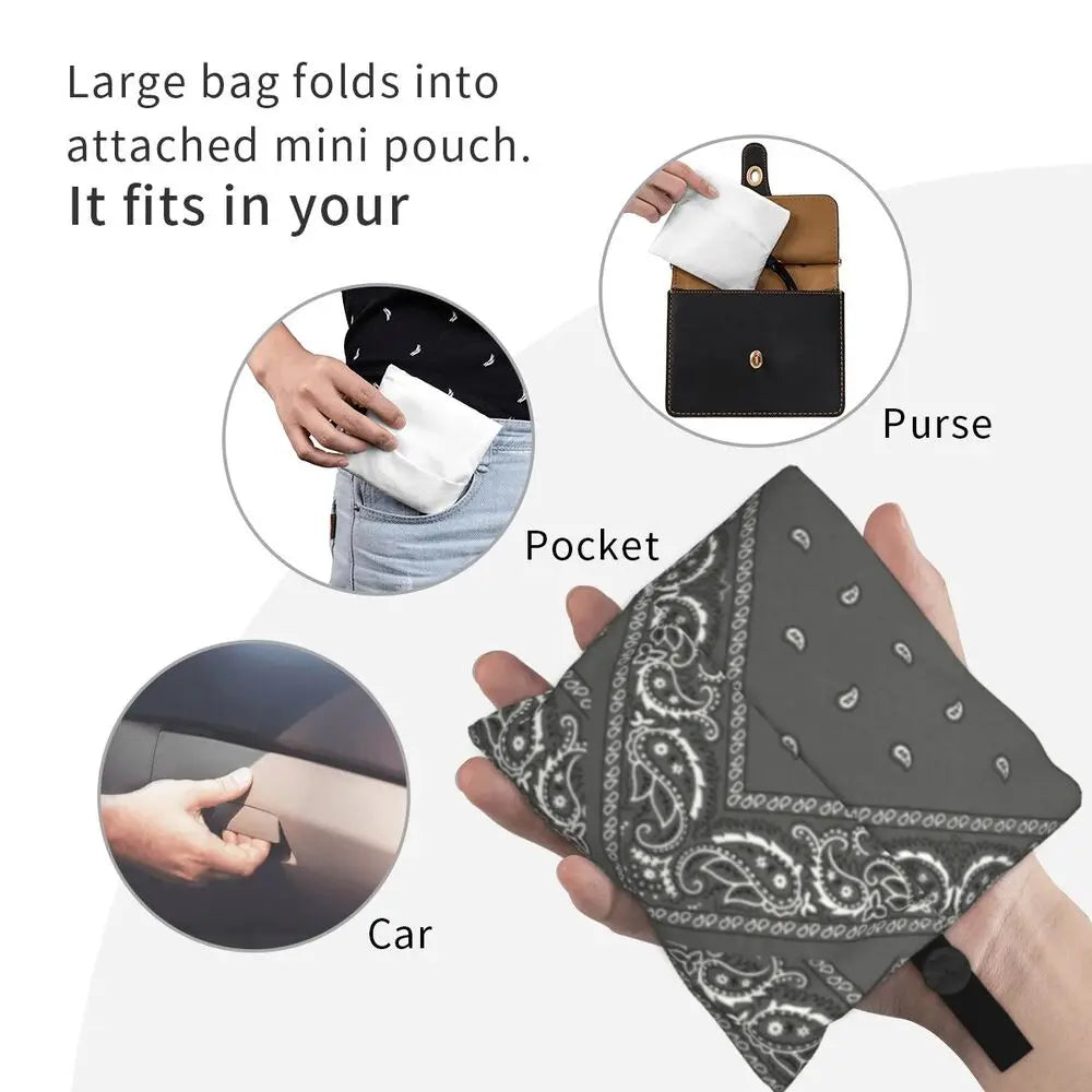 Funny Black Bandana Pattern Shopping Tote Bag Portable Paisley Style Groceries Shopper Shoulder Bag