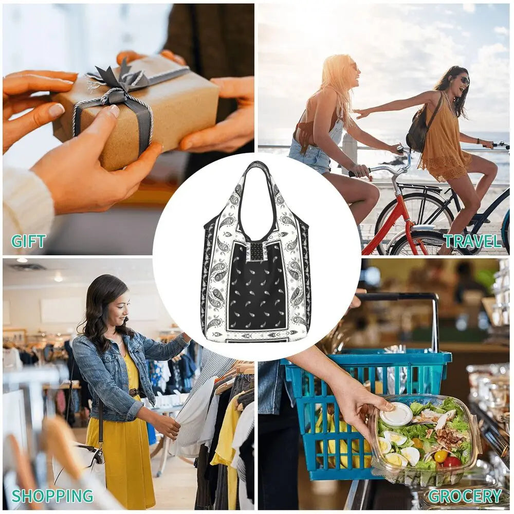 Funny Black Bandana Pattern Shopping Tote Bag Portable Paisley Style Groceries Shopper Shoulder Bag