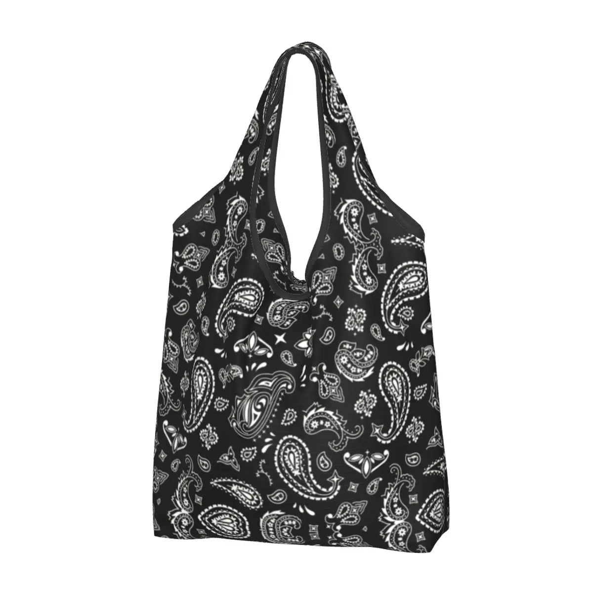 Funny Black Bandana Pattern Shopping Tote Bag Portable Paisley Style Groceries Shopper Shoulder Bag