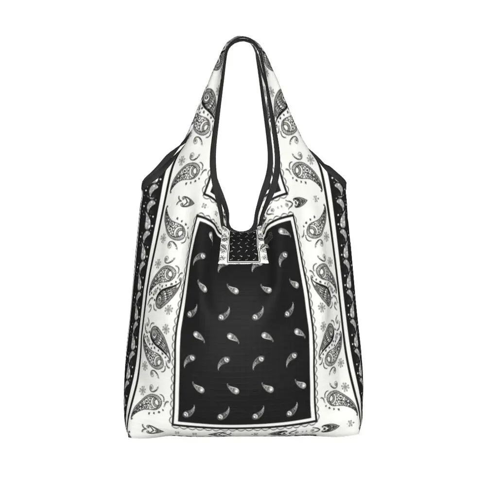 Funny Black Bandana Pattern Shopping Tote Bag Portable Paisley Style Groceries Shopper Shoulder Bag