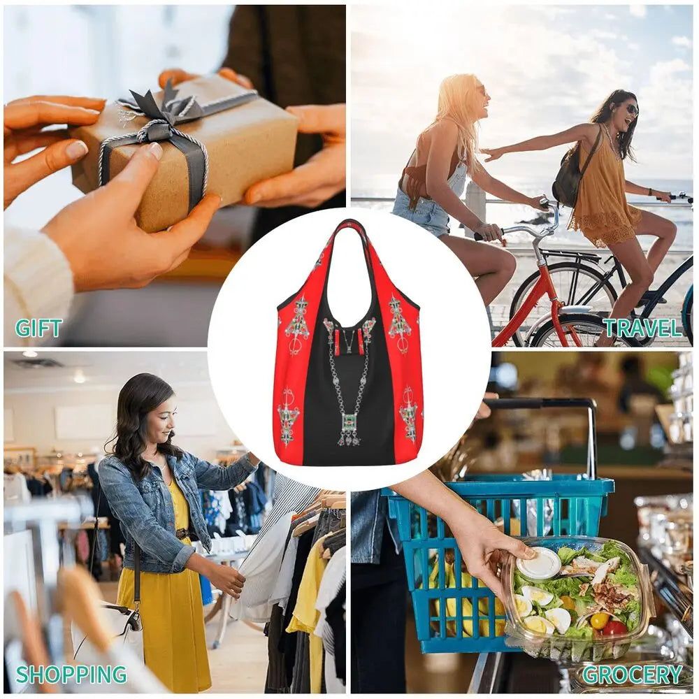 Custom Kabyle Jewelry Shopping Bags Women Portable Large Capacity Groceries Amazigh Carpet Berber Shopper Tote Bags