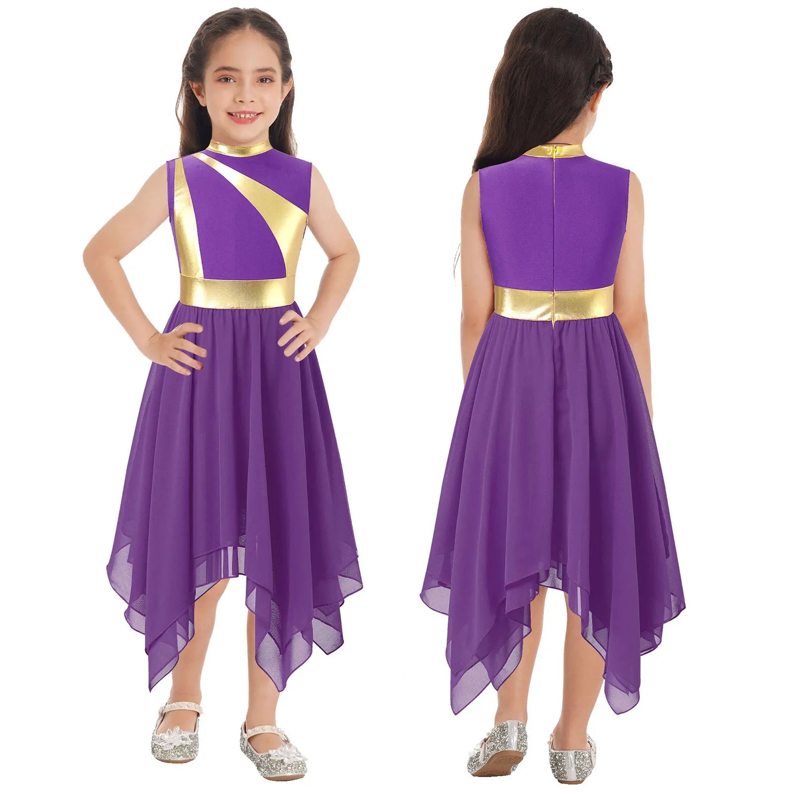Teen Girls Modern Lyrical Ballroom Dance Performance Costume Sleeveless Asymmetrical Hem Dress Church Choir Worship Robe Gown