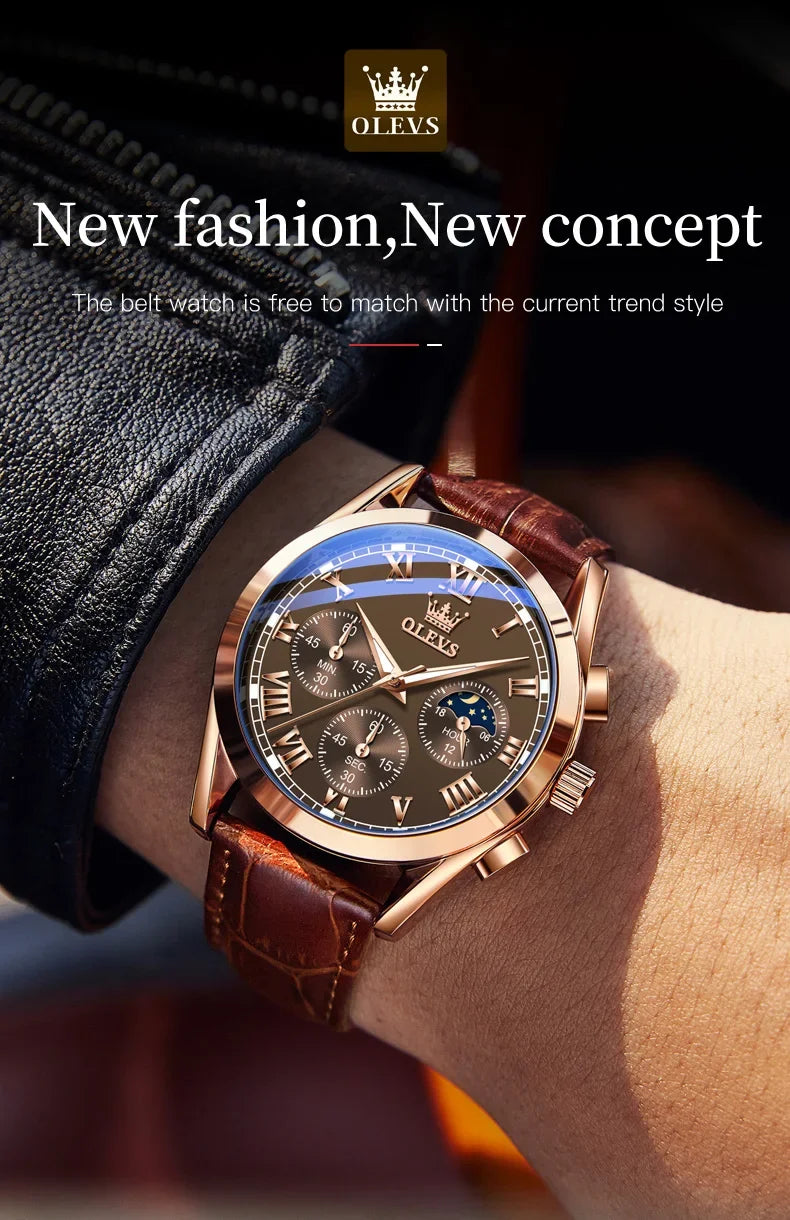 OLEVS 2871 Men Watch Quartz Watch Multifunctional Chronograph Watch Man Waterproof Luminous Moon Phase Watch