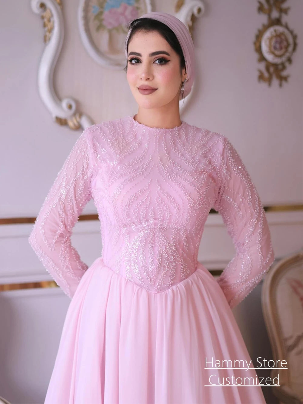 Customized Arabic Evening Dress Modest Round Neck Long Sleeves Beading Sequined Chiffon Saudi Prom Gown Engagement Dresse