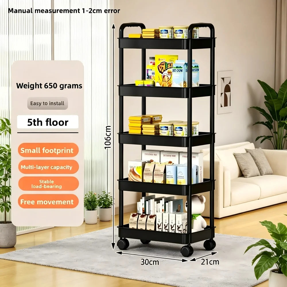5-layer Kitchen Storage Shelf,mobile Trolley,floor Standing Multi-layer Storage Rack,For Bookshelf,snacks, fruits and Vegetables