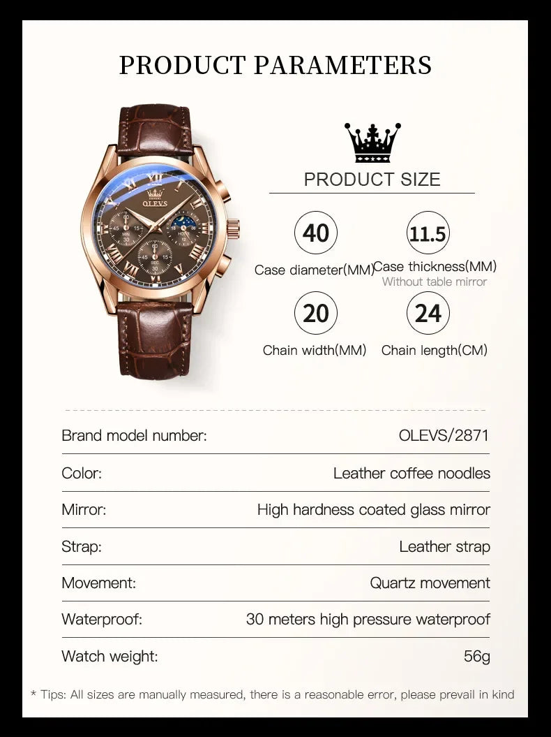 OLEVS 2871 Men Watch Quartz Watch Multifunctional Chronograph Watch Man Waterproof Luminous Moon Phase Watch