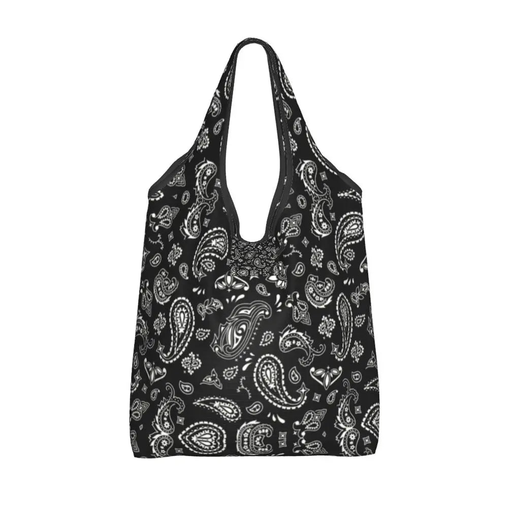 Funny Black Bandana Pattern Shopping Tote Bag Portable Paisley Style Groceries Shopper Shoulder Bag