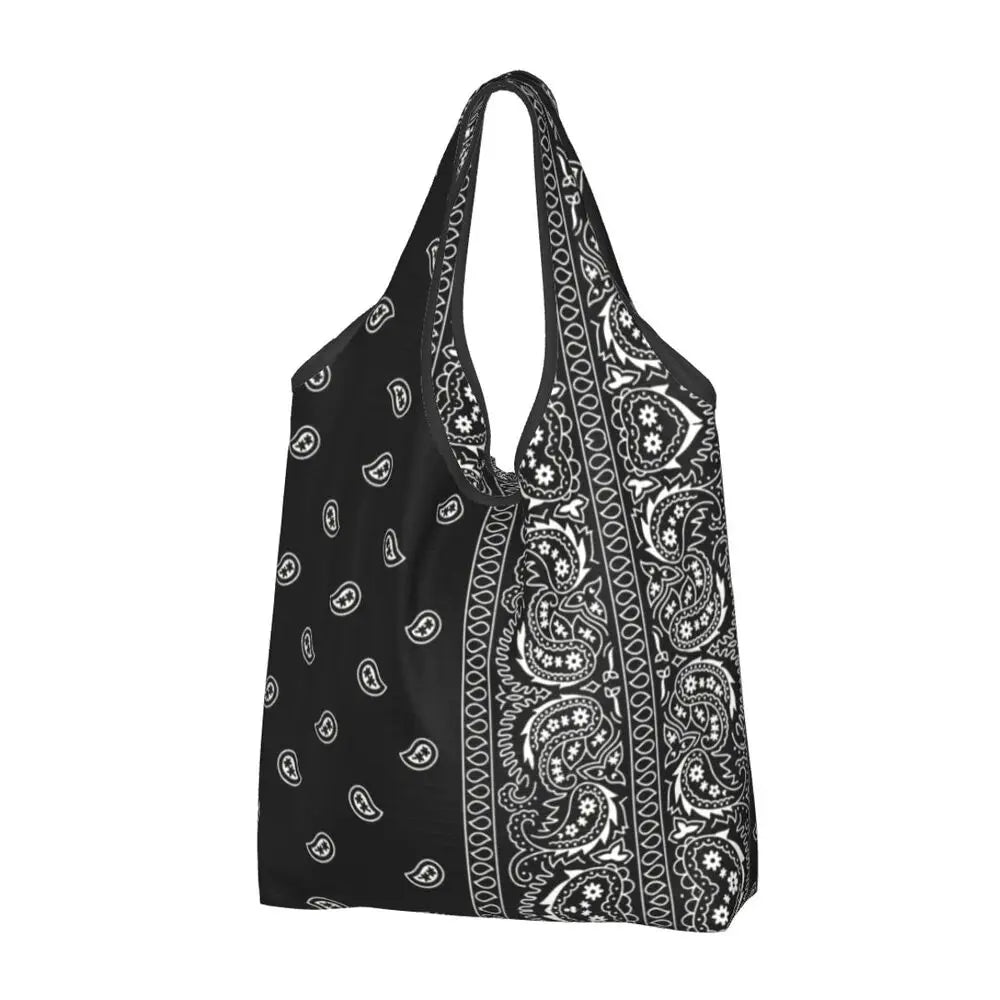 Funny Black Bandana Pattern Shopping Tote Bag Portable Paisley Style Groceries Shopper Shoulder Bag