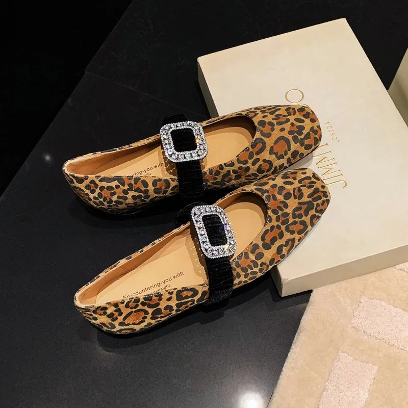 MKKHOU Fashion Women's Shoes New High Quality Suede Shoes Crystal Buckle Square Head Shallow Mouth Lightweight Flats Shoes