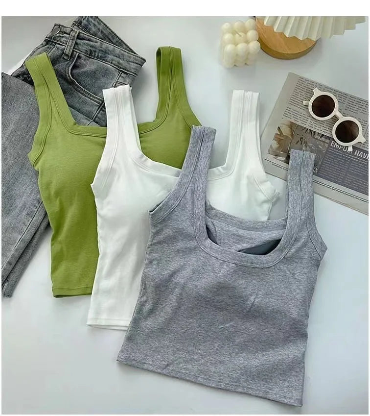 Pure Cotton Square Neck Vest for Women with Chest Pad Sling Bottoming Sexy Short Top Tank Top Women Wholesale 여성용 조끼