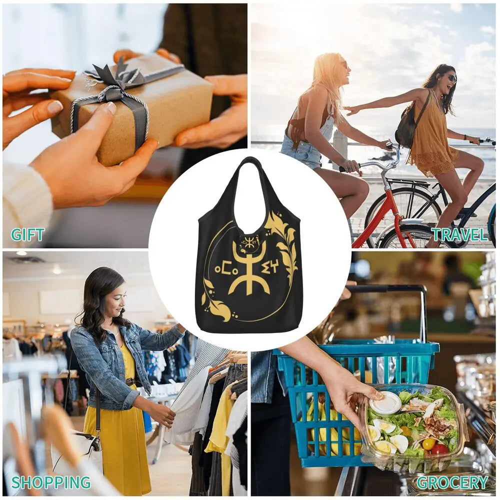 Custom Kabyle Jewelry Shopping Bags Women Portable Large Capacity Groceries Amazigh Carpet Berber Shopper Tote Bags