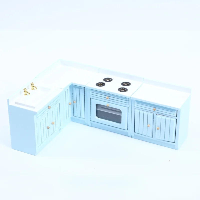 Exquisite 1:12 Miniature Dollhouse Kitchen Cabinet and Sink Set  Cooking Table and Miniature Food Models Birch