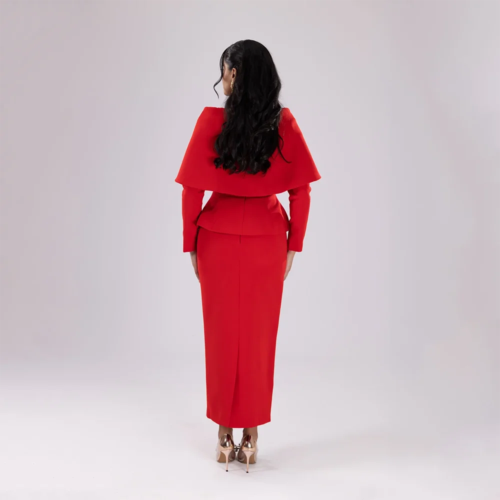 Red Simple Evening Dreeses with Button Cloak Long Sleevles Prom Gowns Customized Straight Ankle Lenght Wedding Guest Party Dress