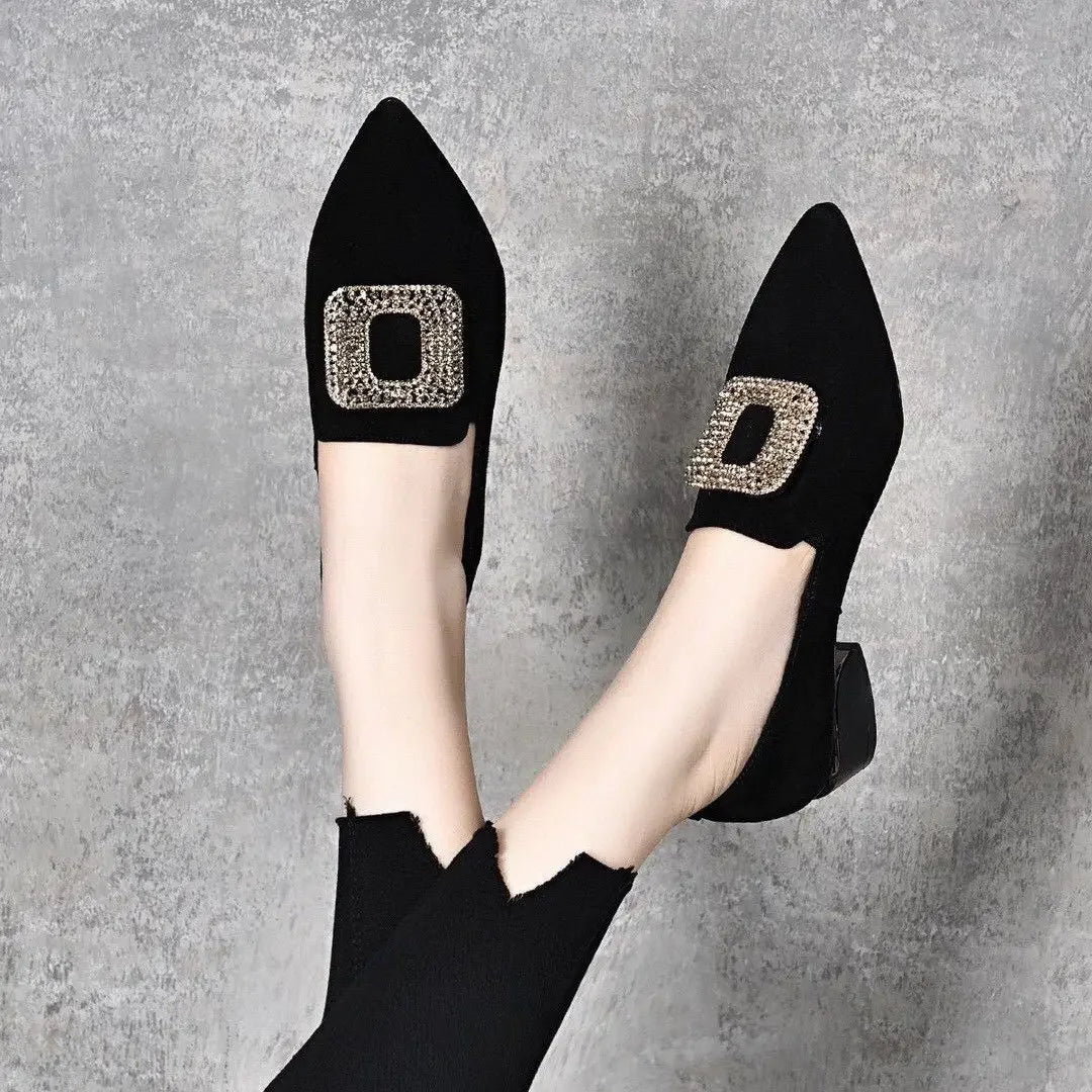 Diamond Shoes for Women Block Heel Pointed Toe Moccasins Woman Pumps Korean Style Casual Footwear Summer 2025 Vacation Popular