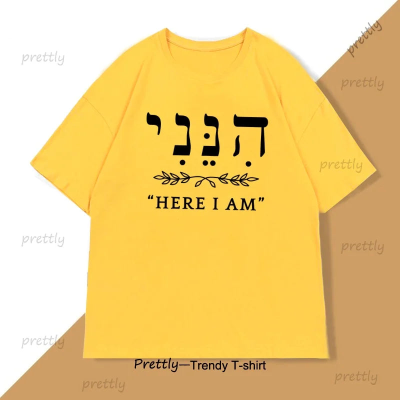 Here I Am Shirt in Hebrew T-shirt Men Women Letter Printed Tshirt Cotton Round Neck Short Sleeve Tees Male Clothes Streetwear