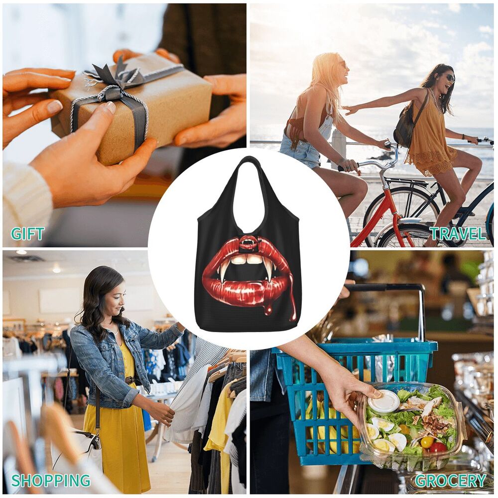 Custom Funny Gothic Vampire Shopping Tote Bags Portable Halloween Haunted Mansion Groceries Shoulder Shopper Bag