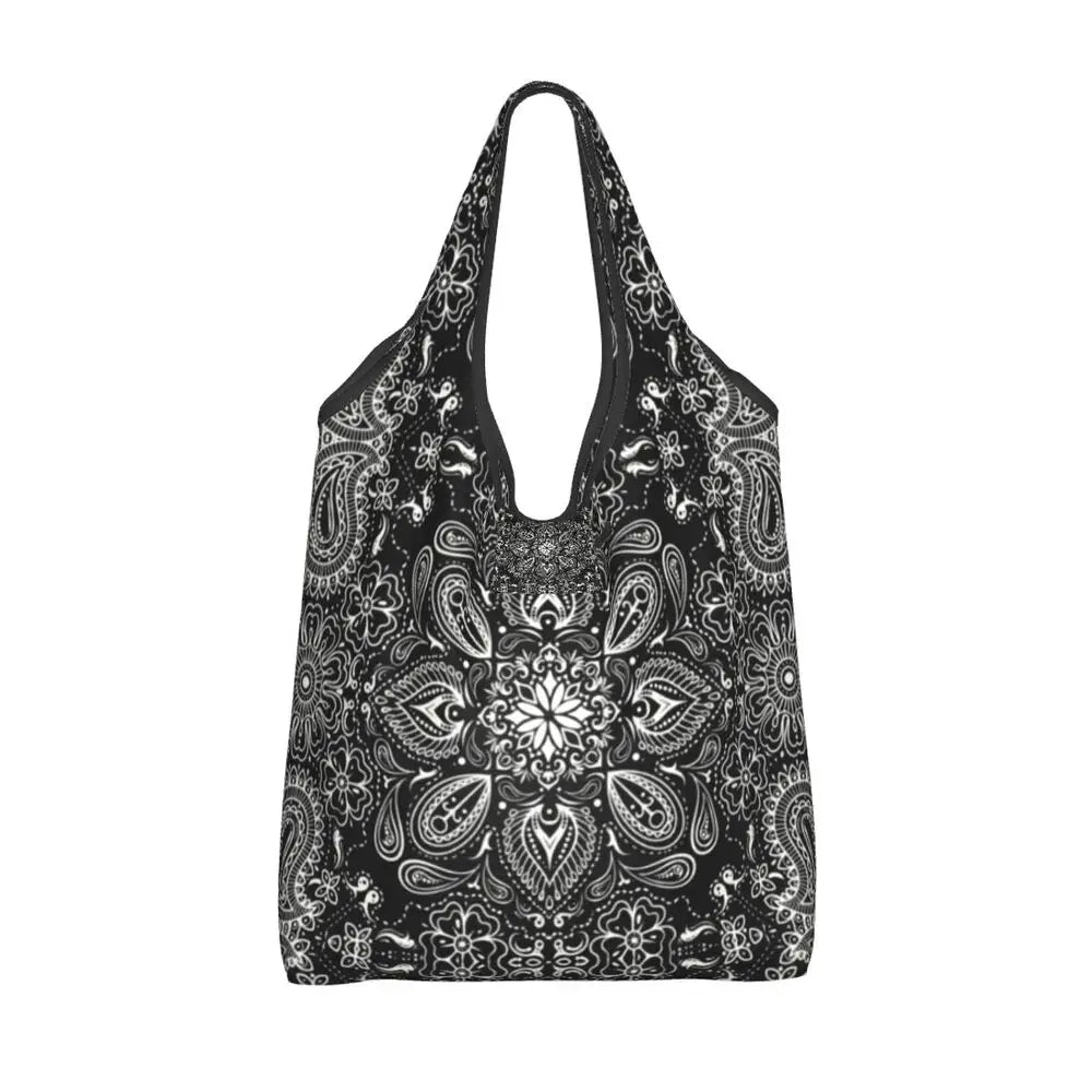 Funny Black Bandana Pattern Shopping Tote Bag Portable Paisley Style Groceries Shopper Shoulder Bag