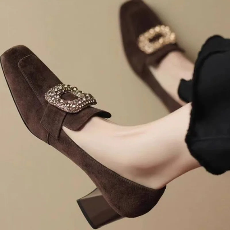 Autumn Winter New Women Loafers Low Heels Boat Shoes Square Toe Dress Shoes Chain Faux Suede Plush Warm Ladies Shoes Plus Size