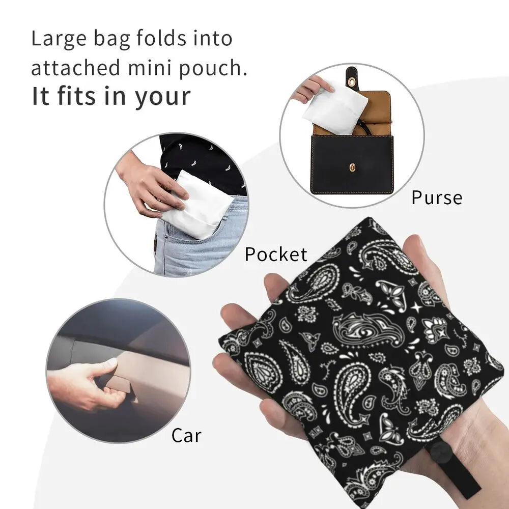 Funny Black Bandana Pattern Shopping Tote Bag Portable Paisley Style Groceries Shopper Shoulder Bag