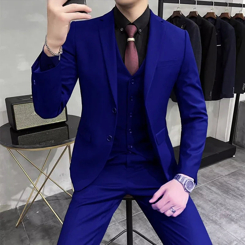 Groom's Wedding Dress ( Jacket + Vest + Pants ) High End Brand Solid Color Men's Casual Business Office Formal Suit 3Pcs Sets