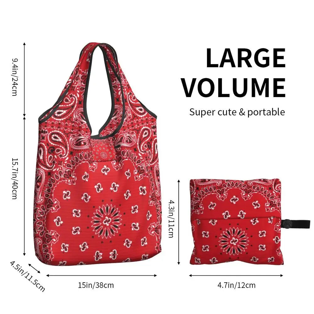 Funny Black Bandana Pattern Shopping Tote Bag Portable Paisley Style Groceries Shopper Shoulder Bag