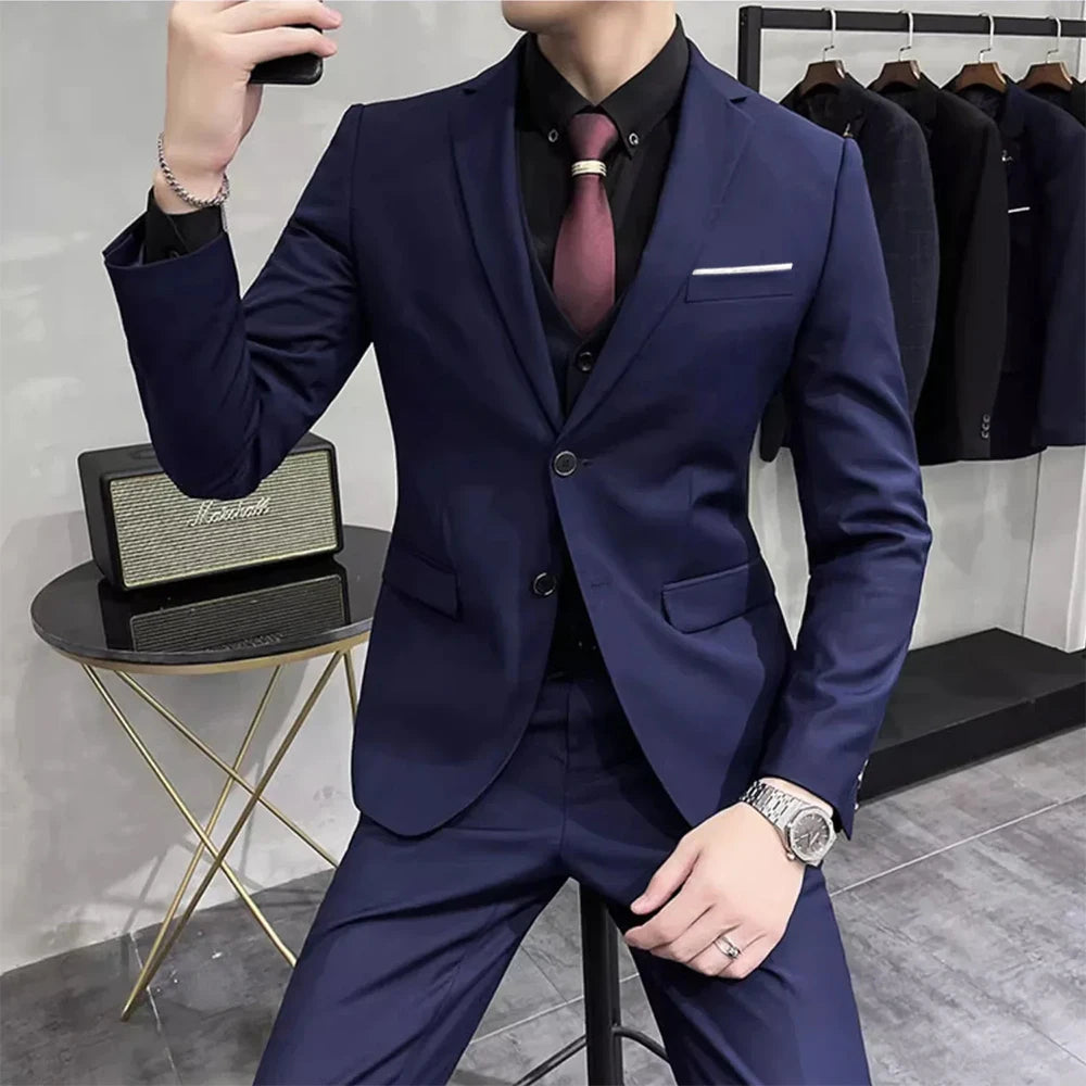 Groom's Wedding Dress ( Jacket + Vest + Pants ) High End Brand Solid Color Men's Casual Business Office Formal Suit 3Pcs Sets
