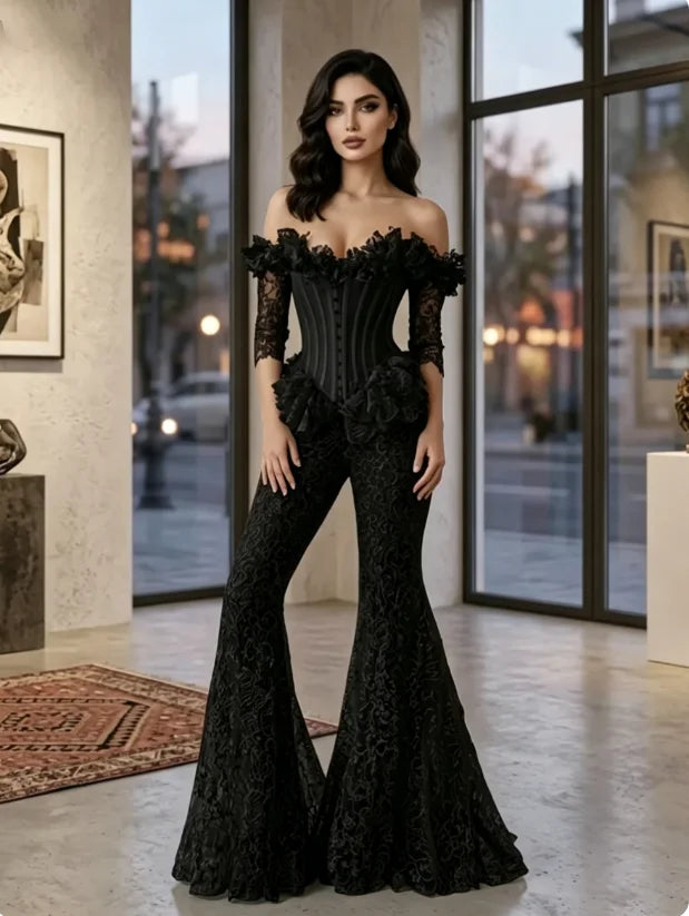 Black Flared Trousers Prom Dress Off-Shoulder Dubai vestidos elegantes Lace Half-Sleeve Corseted Formal Evening Gown Customized