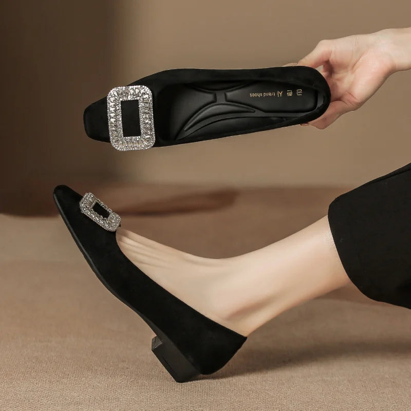 New autumn and winter women's shoes, wedding shoes with rhinestones, women's suede chunky heel shallow soft low-cut daily