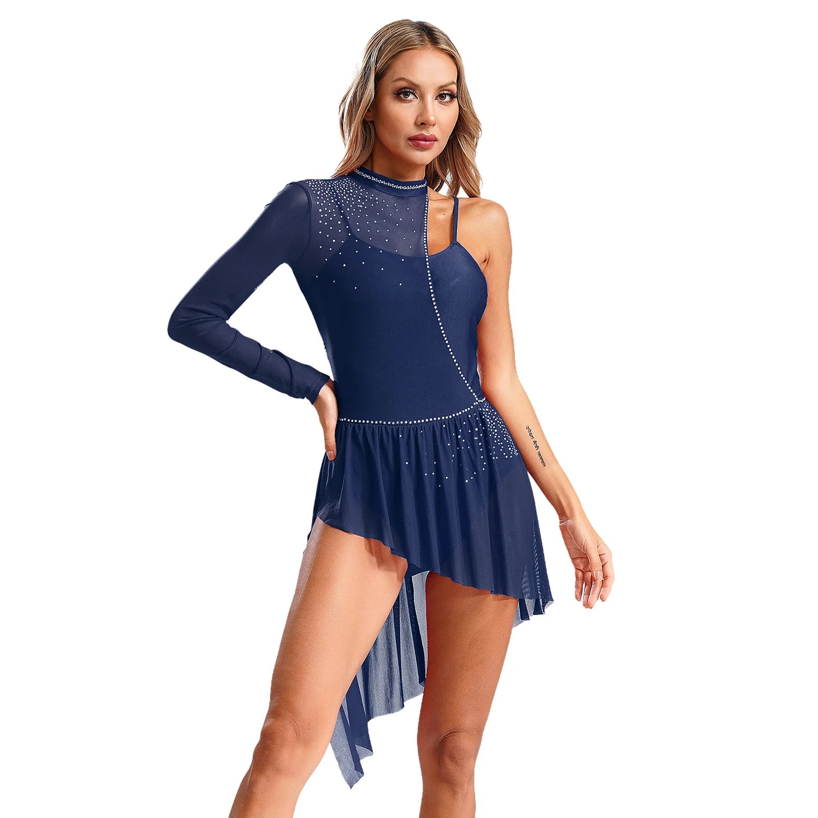 Women Latin Dress Lyrical Modern Dancing Costume Fashion One-shoulder Single Sleeve Rhinestone Press Button Design Rhythm Dress