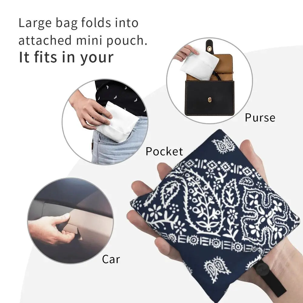 Funny Black Bandana Pattern Shopping Tote Bag Portable Paisley Style Groceries Shopper Shoulder Bag