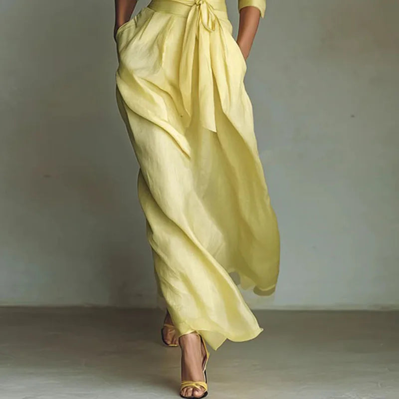 French Dresses Elegant Turn-down Collar High Waist Belted A-Line Party Dress Spring 3/4 Sleeve Pockets Bohemian Maxi Dress Mujer
