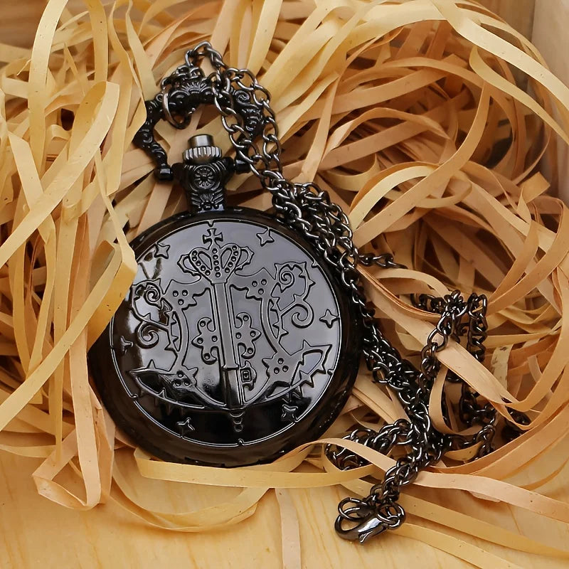 Black Deacon pocket watch anime pocket watch necklace watch dial fashionable quartz watch flip Roman