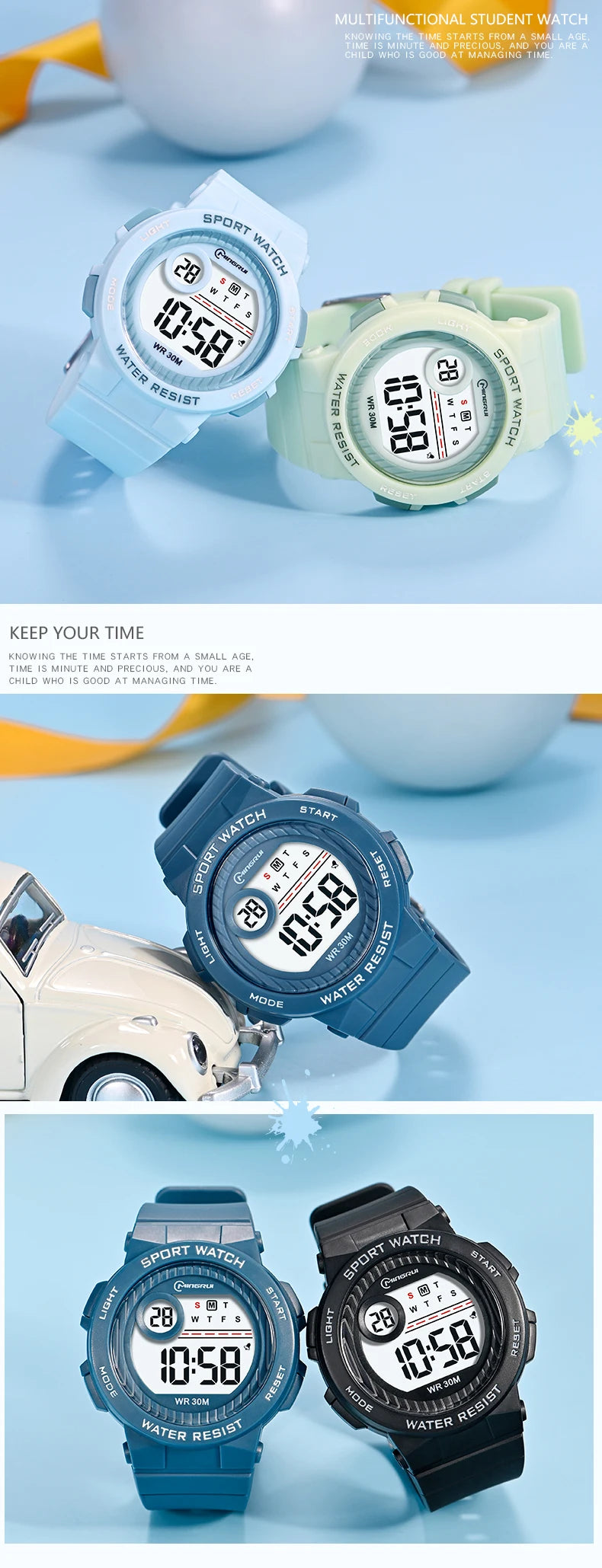 Children Watch Waterproof Digital Watch for Girls Boys Blue Electronic Sport Kid Watches Alarm Swimming Clocks Gifts