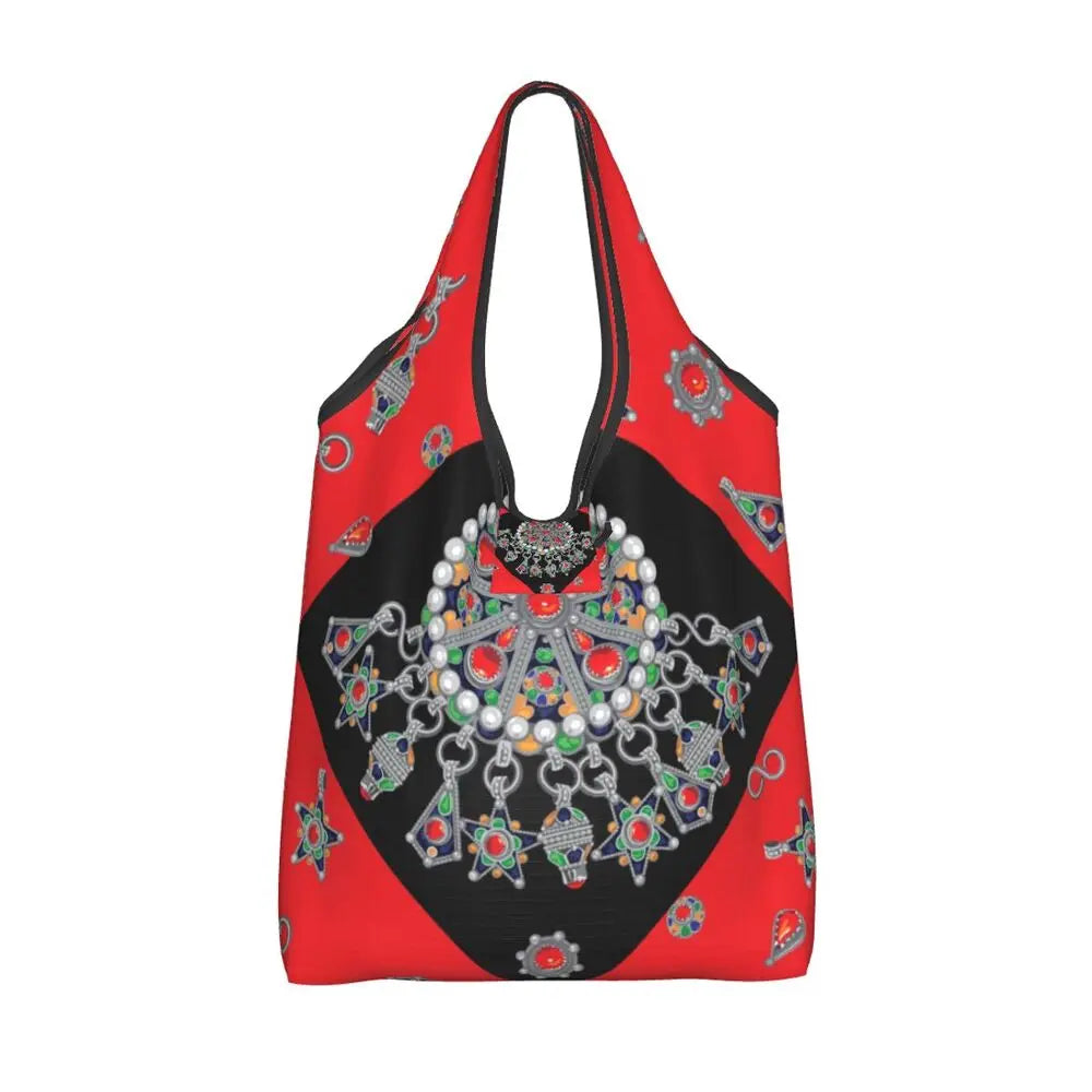 Custom Kabyle Jewelry Shopping Bags Women Portable Large Capacity Groceries Amazigh Carpet Berber Shopper Tote Bags