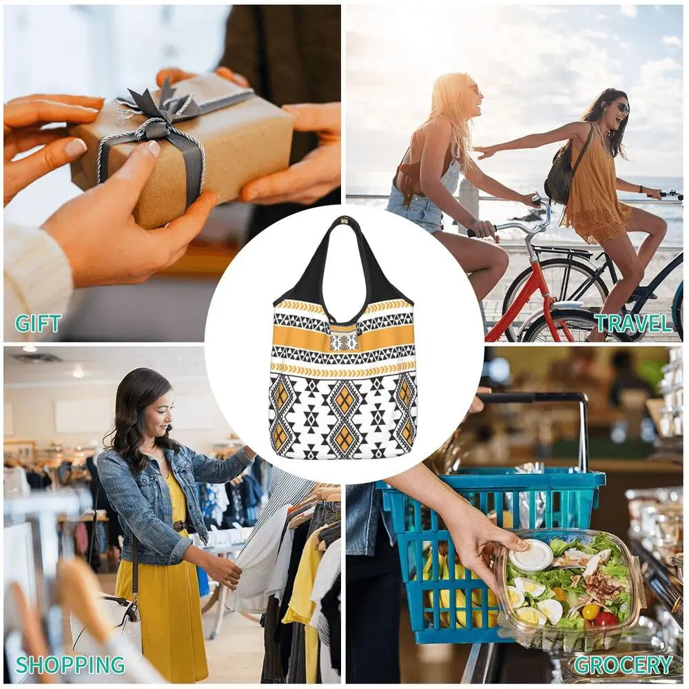 Custom Kabyle Jewelry Shopping Bags Women Portable Large Capacity Groceries Amazigh Carpet Berber Shopper Tote Bags