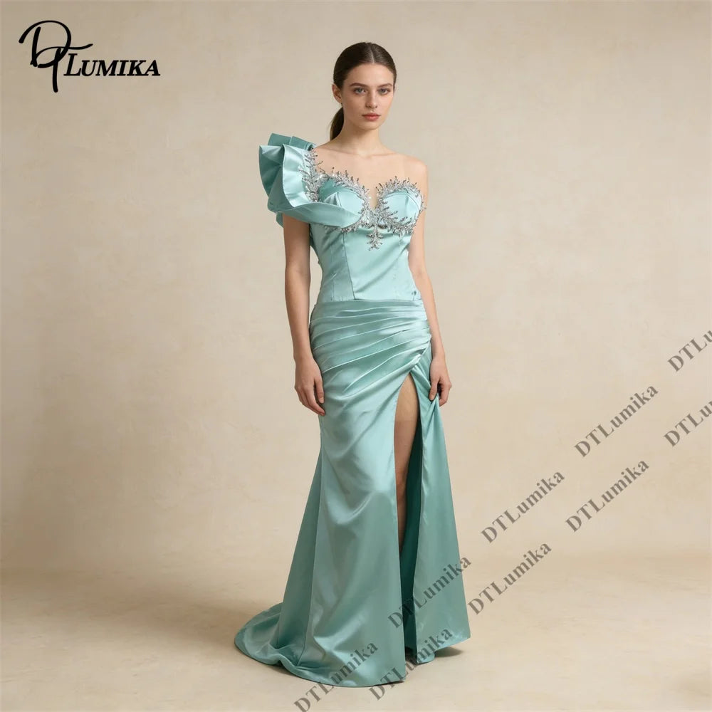 DTLumika Formal Evening Gown One Shoulder Ruffle Beaded Bodice Satin Ruched Slit Customized Prom Dress  Women Party Maxi Dress