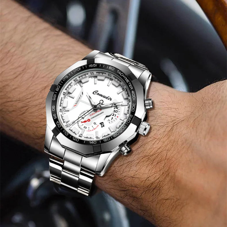 Quartz Watch Movement Watch Men's Non Noctilucent Watch Hollow Calendar Waterproof Luminous Refined Steel Band Simple