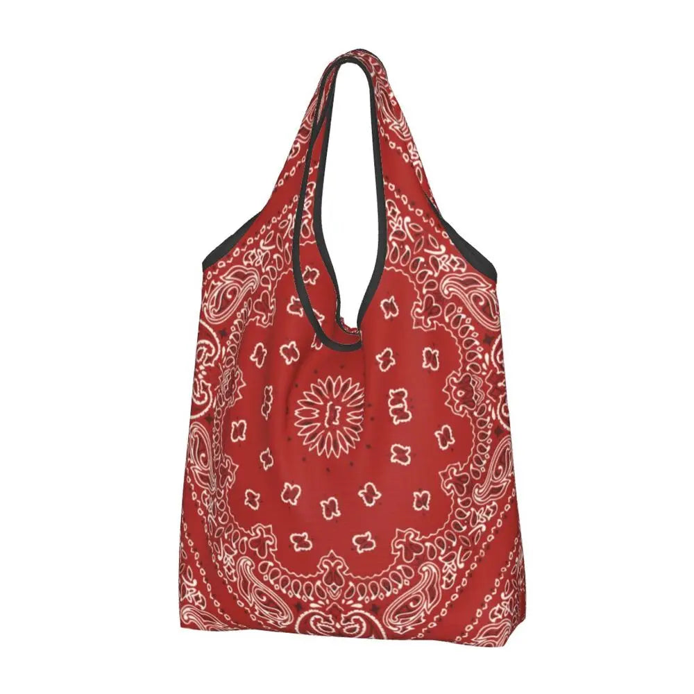 Funny Black Bandana Pattern Shopping Tote Bag Portable Paisley Style Groceries Shopper Shoulder Bag
