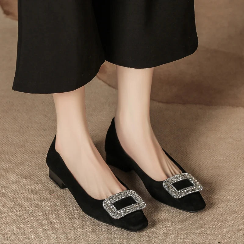 New autumn and winter women's shoes, wedding shoes with rhinestones, women's suede chunky heel shallow soft low-cut daily