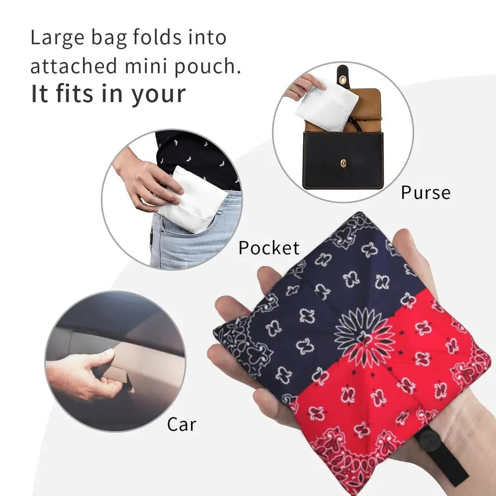 Funny Black Bandana Pattern Shopping Tote Bag Portable Paisley Style Groceries Shopper Shoulder Bag