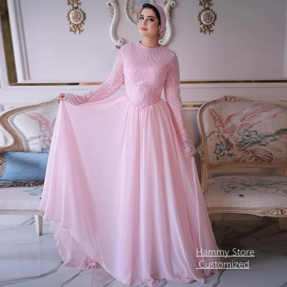 Customized Arabic Evening Dress Modest Round Neck Long Sleeves Beading Sequined Chiffon Saudi Prom Gown Engagement Dresse