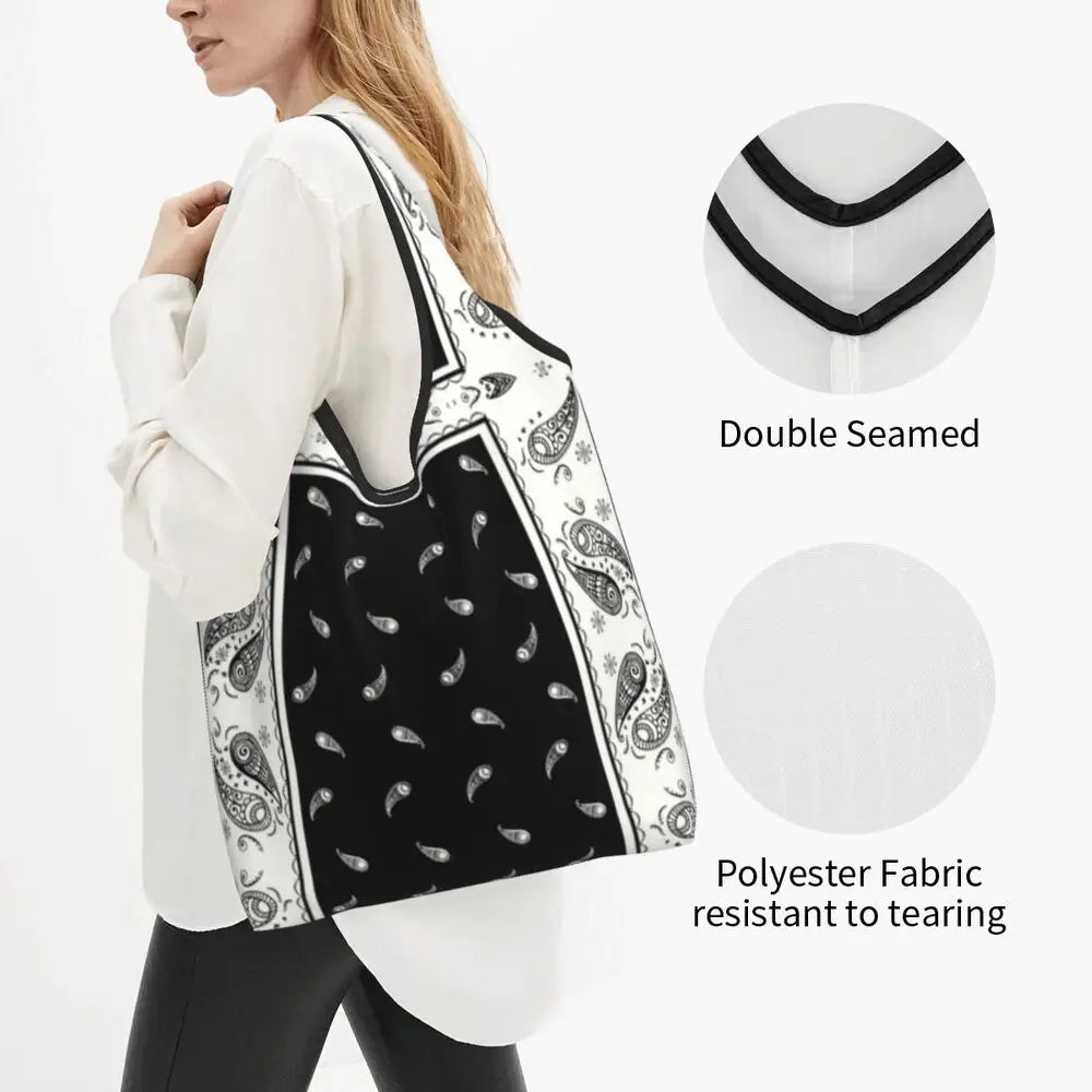 Funny Black Bandana Pattern Shopping Tote Bag Portable Paisley Style Groceries Shopper Shoulder Bag
