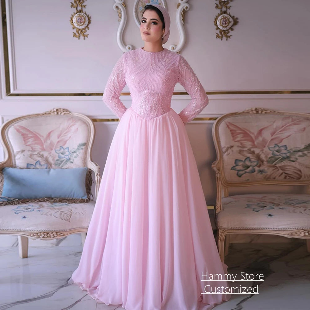 Customized Arabic Evening Dress Modest Round Neck Long Sleeves Beading Sequined Chiffon Saudi Prom Gown Engagement Dresse
