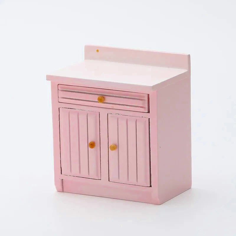 Exquisite 1:12 Miniature Dollhouse Kitchen Cabinet and Sink Set  Cooking Table and Miniature Food Models Birch