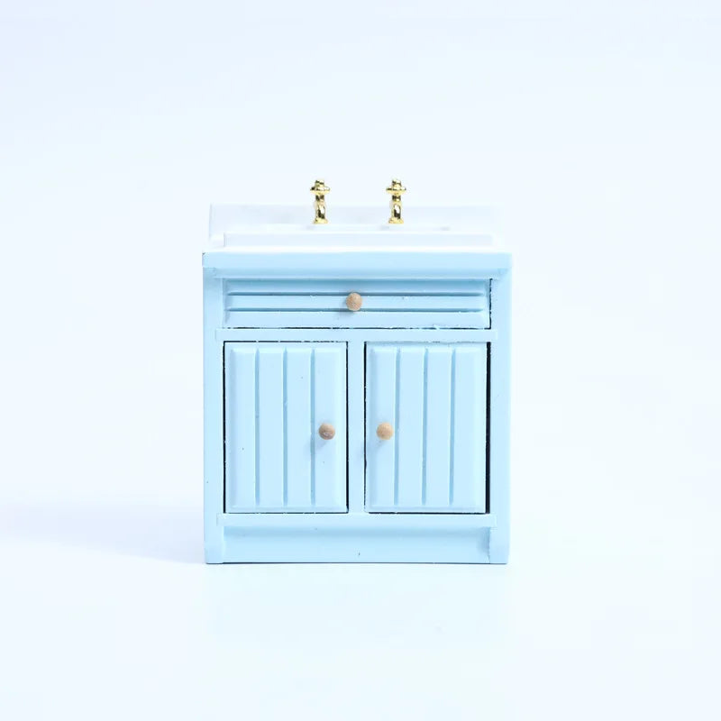 Exquisite 1:12 Miniature Dollhouse Kitchen Cabinet and Sink Set  Cooking Table and Miniature Food Models Birch