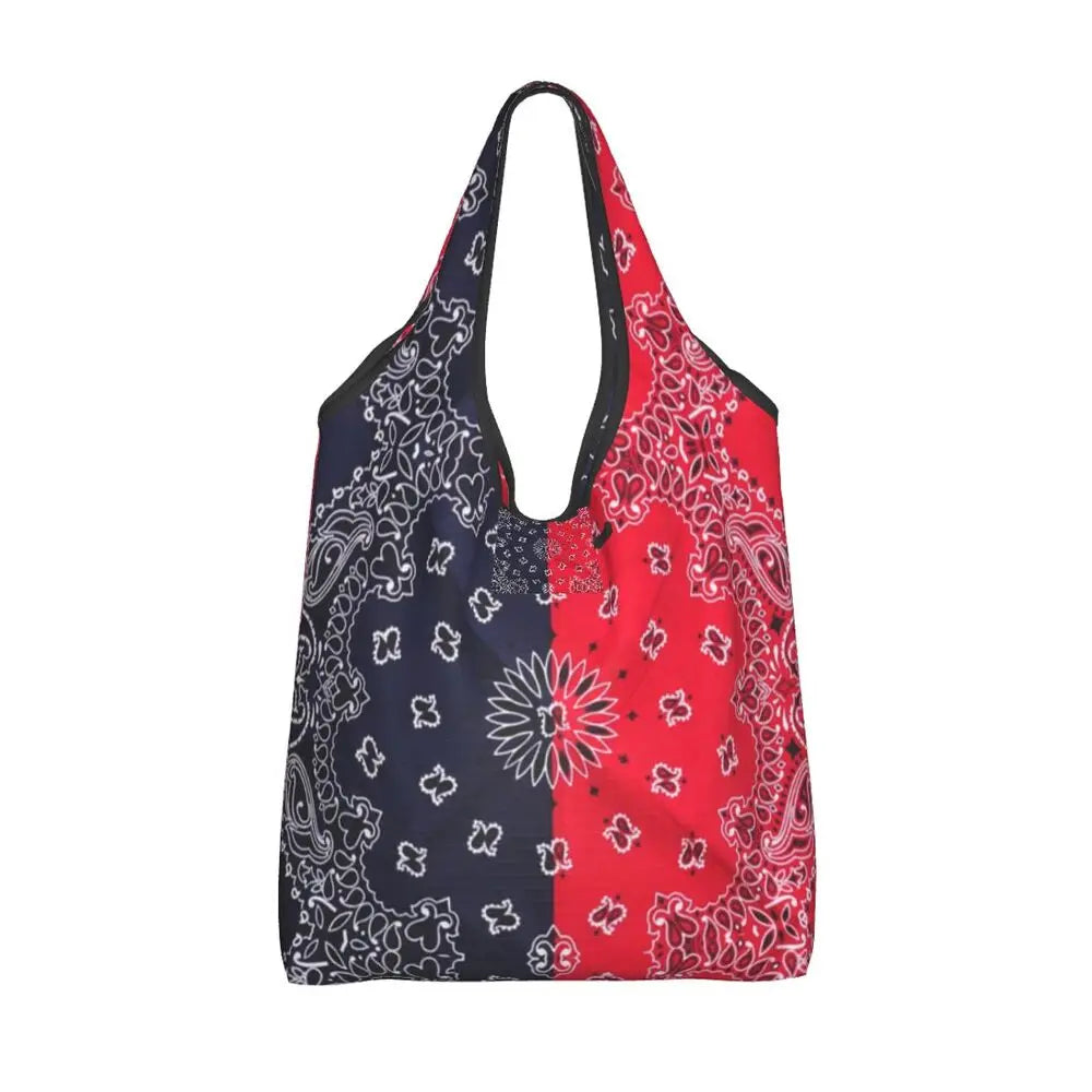 Funny Black Bandana Pattern Shopping Tote Bag Portable Paisley Style Groceries Shopper Shoulder Bag