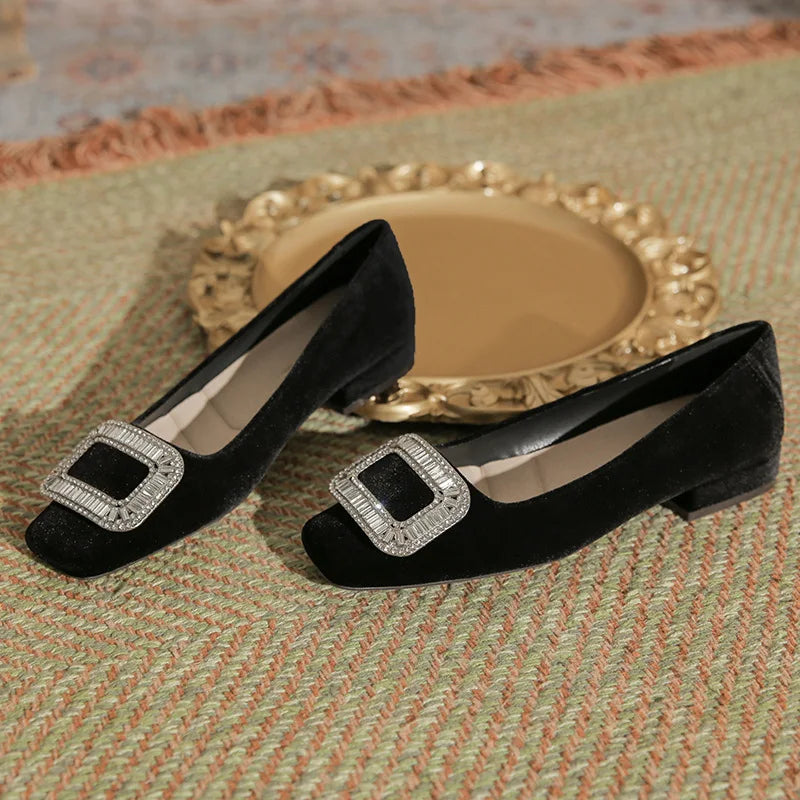 Women's square-toed chunky-heeled flat shoes2026New autumn and winter black suede party shoes with rhinestones,