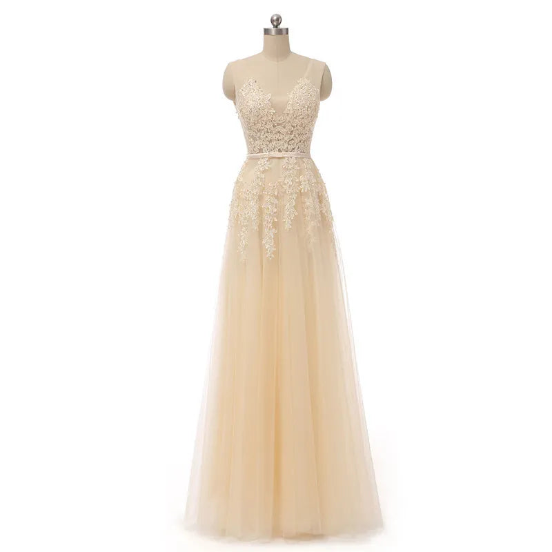 Elegant Evening Dresses فساتين سهرة Bride Banquet Floor-length Robe De Soiree Sexy Backless Long Lace Beading Party Prom Dress