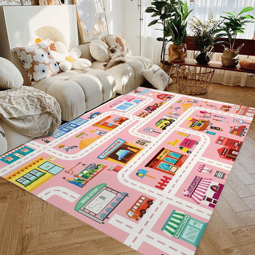 Car Play Mat for Boys and Girls Highway City Traffic-Themed Rugs for Kids Toy Cars Kids Rugs for Playroom Non-Slip Kids Play Rug